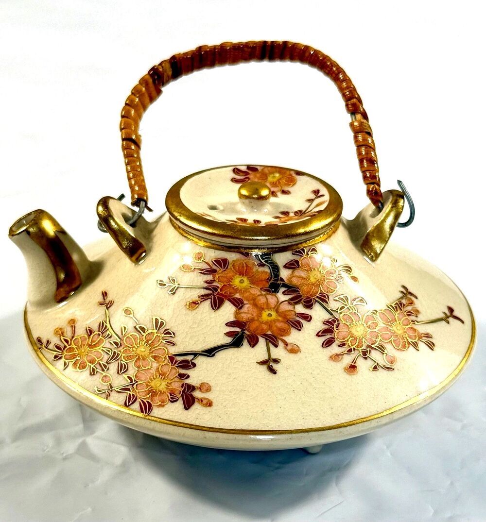 Japanese Satsuma Miniature Teapot Signed Crackle Glaze Gold Trim Vintage